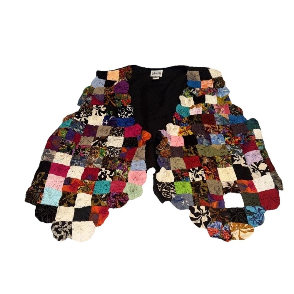 Vintage Theo Tie Front Vest Quilted Patchwork Yo Yo Womens Sz Large Hippie